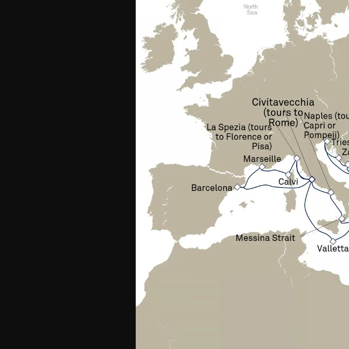 Queen Elizabeth Voyage Q714E itinerary map from Civitavecchia (tours to Rome), Italy to Civitavecchia (tours to Rome), Italy