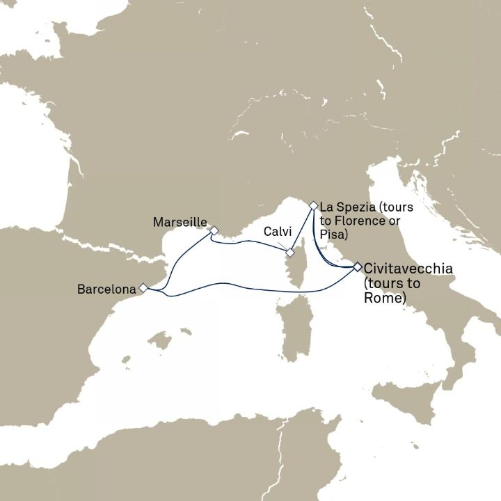 Queen Elizabeth Voyage Q714C itinerary map from Civitavecchia (tours to Rome), Italy to Civitavecchia (tours to Rome), Italy