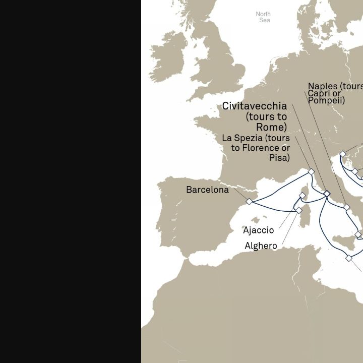 Queen Elizabeth Voyage Q716B itinerary map from Civitavecchia (tours to Rome), Italy to Civitavecchia (tours to Rome), Italy
