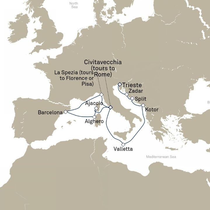 Queen Elizabeth Voyage Q716 itinerary map from Civitavecchia (tours to Rome), Italy to Trieste, Italy