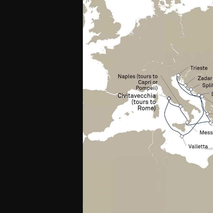 Queen Elizabeth Voyage Q716D itinerary map from Civitavecchia (tours to Rome), Italy to Civitavecchia (tours to Rome), Italy