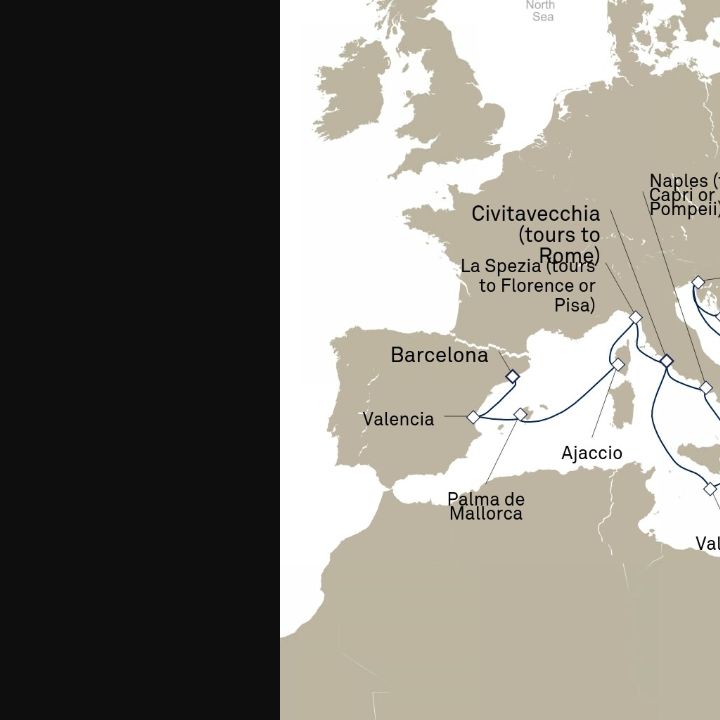 Queen Elizabeth Voyage Q716E itinerary map from Civitavecchia (tours to Rome), Italy to Barcelona, Spain