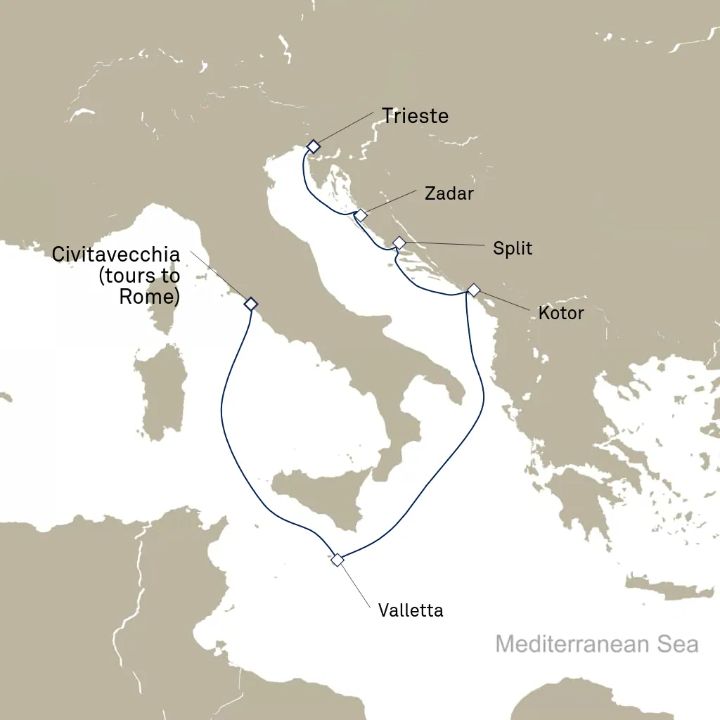 Queen Elizabeth Voyage Q716C itinerary map from Civitavecchia (tours to Rome), Italy to Trieste, Italy