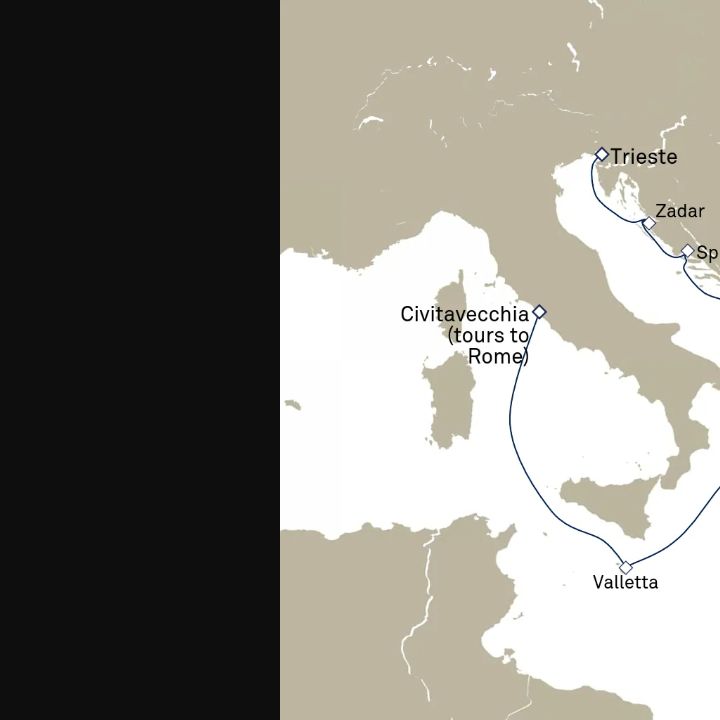Queen Elizabeth Voyage Q715A itinerary map from Civitavecchia (tours to Rome), Italy to Trieste, Italy
