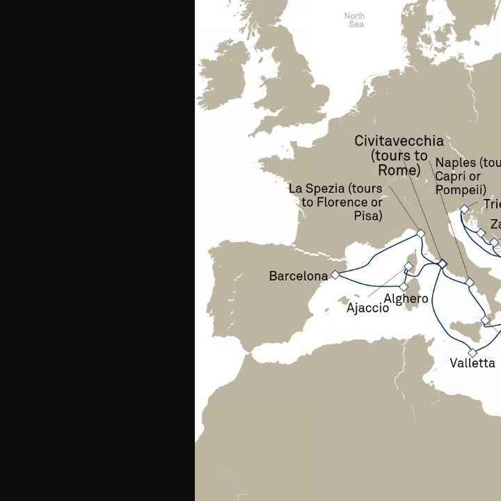 Queen Elizabeth Voyage Q715B itinerary map from Civitavecchia (tours to Rome), Italy to Civitavecchia (tours to Rome), Italy