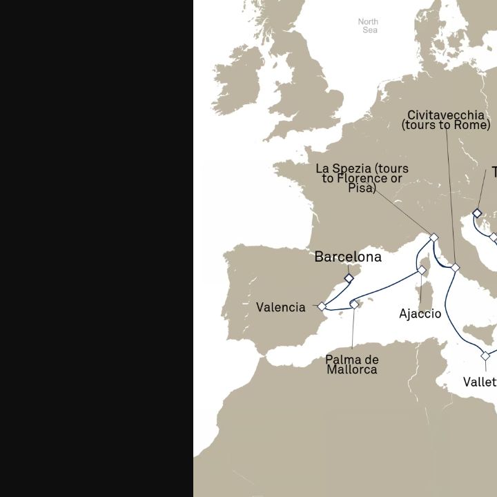 Queen Elizabeth Voyage Q713 itinerary map from Barcelona, Spain to Trieste, Italy