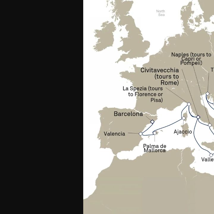 Queen Elizabeth Voyage Q713B itinerary map from Barcelona, Spain to Civitavecchia (tours to Rome), Italy