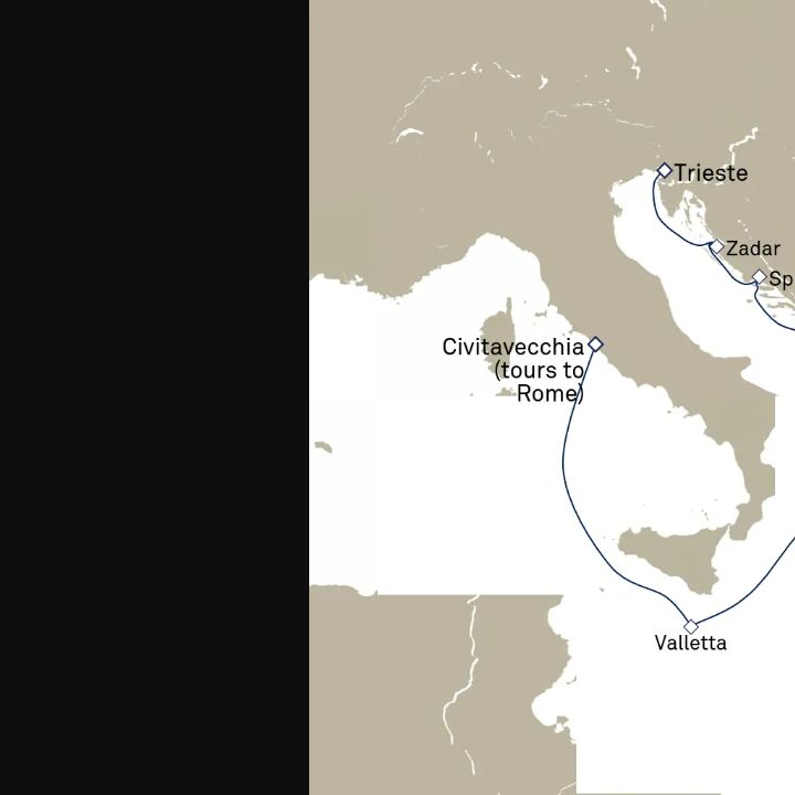 Queen Elizabeth Voyage Q713C itinerary map from Civitavecchia (tours to Rome), Italy to Trieste, Italy