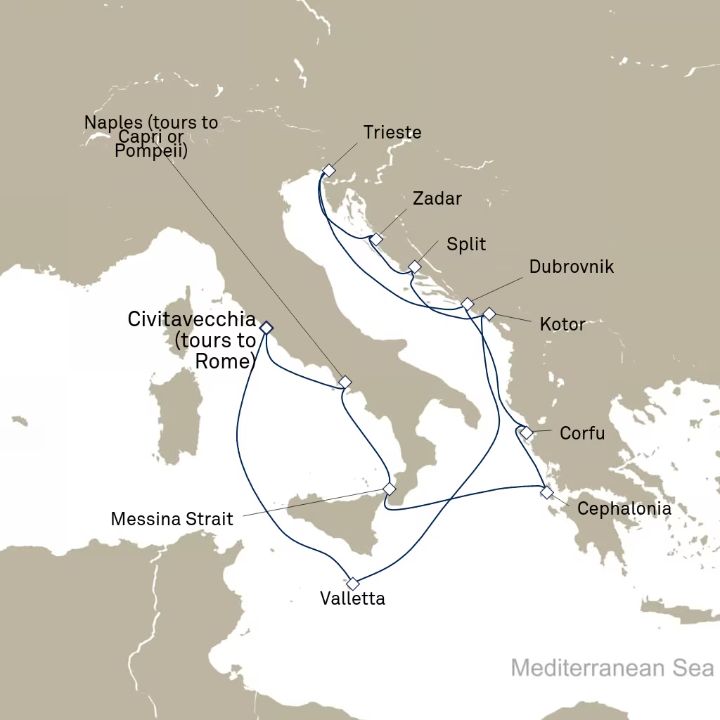 Queen Elizabeth Voyage Q713D itinerary map from Civitavecchia (tours to Rome), Italy to Civitavecchia (tours to Rome), Italy