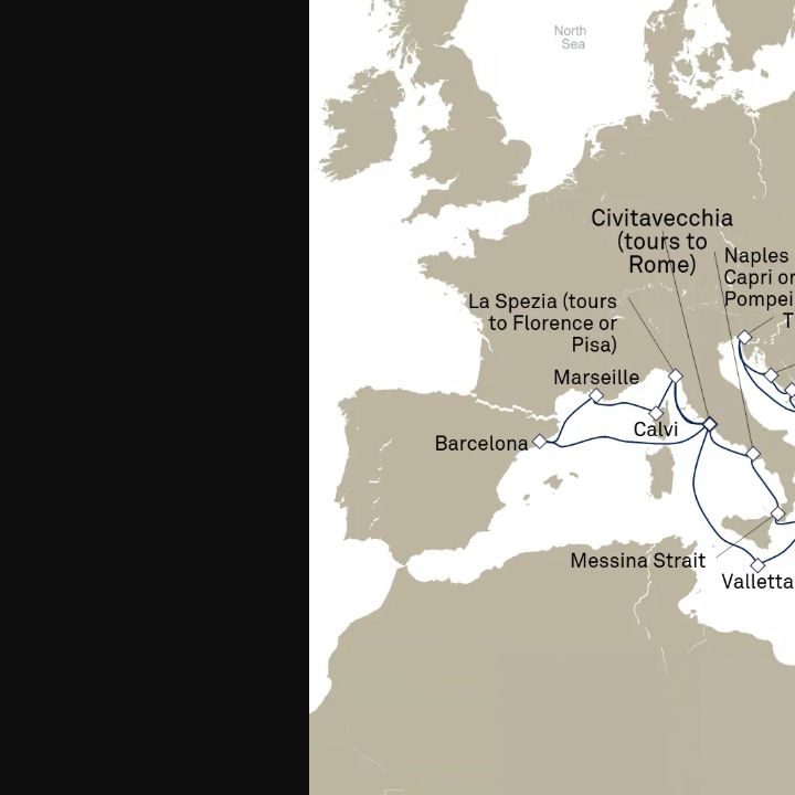 Queen Elizabeth Voyage Q713E itinerary map from Civitavecchia (tours to Rome), Italy to Civitavecchia (tours to Rome), Italy
