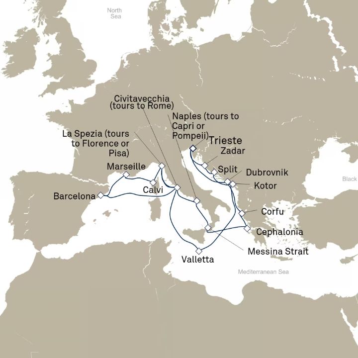 Queen Elizabeth Voyage Q714B itinerary map from Trieste, Italy to Trieste, Italy