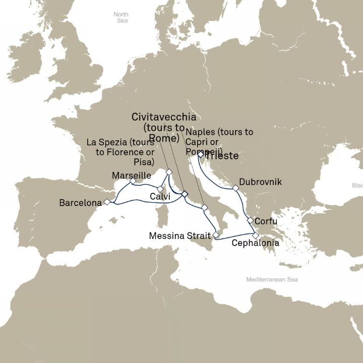 Queen Elizabeth Voyage Q714 itinerary map from Trieste, Italy to Civitavecchia (tours to Rome), Italy