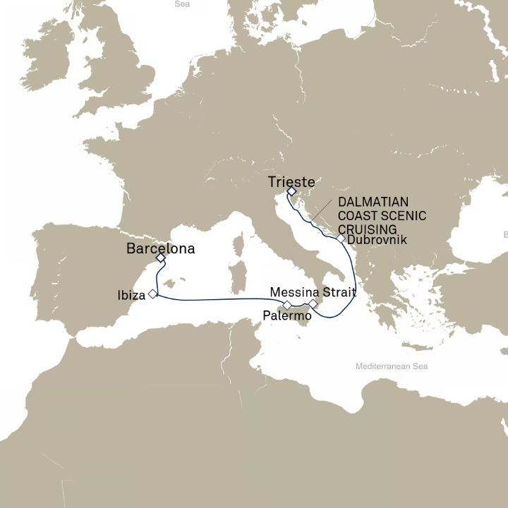 Queen Elizabeth Voyage Q712C itinerary map from Trieste, Italy to Barcelona, Spain