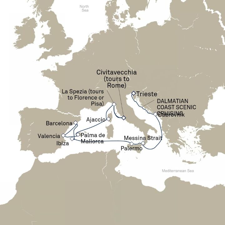 Queen Elizabeth Voyage Q712D itinerary map from Trieste, Italy to Civitavecchia (tours to Rome), Italy