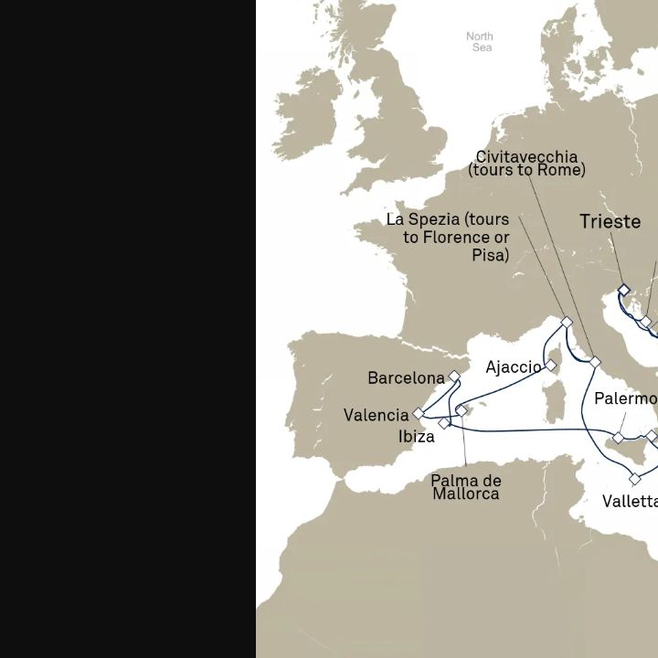 Queen Elizabeth Voyage Q712E itinerary map from Trieste, Italy to Trieste, Italy