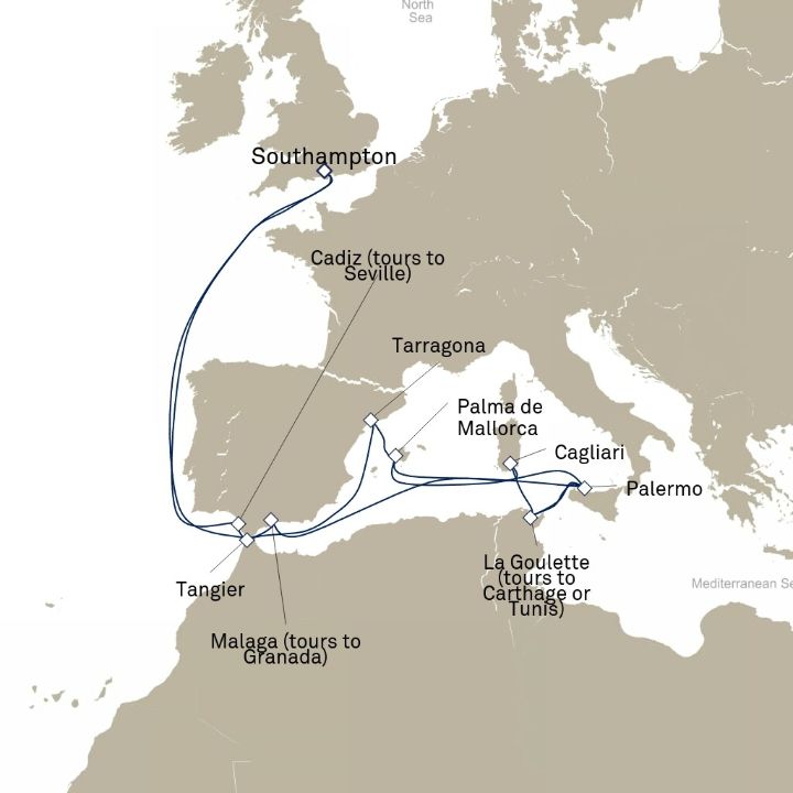 Queen Elizabeth Voyage Q708N itinerary map from Southampton, England, UK to Southampton, England, UK