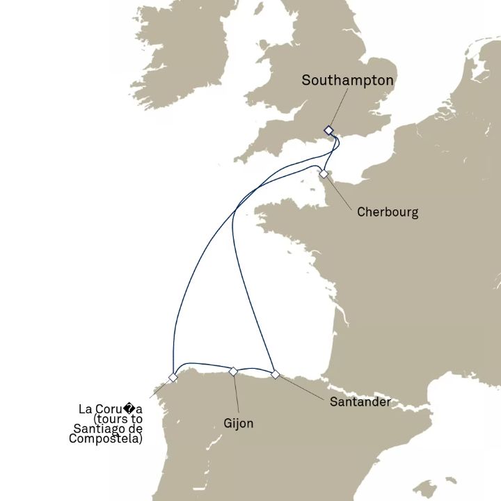 Queen Elizabeth Voyage Q709N itinerary map from Southampton, England, UK to Southampton, England, UK