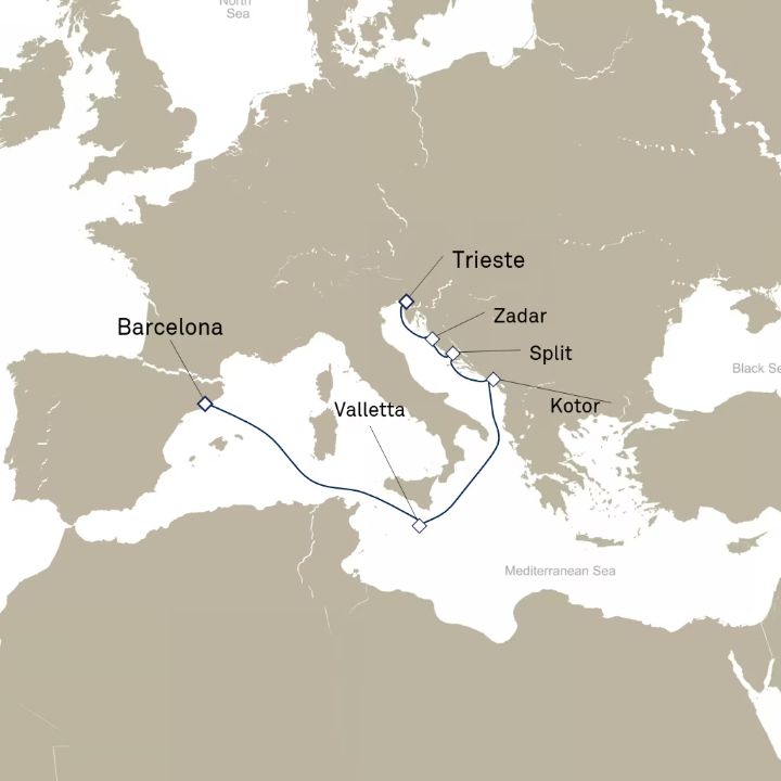 Queen Elizabeth Voyage Q711 itinerary map from Barcelona, Spain to Civitavecchia (tours to Rome), Italy