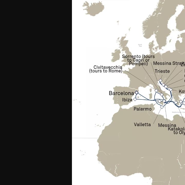 Queen Elizabeth Voyage Q711C itinerary map from Barcelona, Spain to Barcelona, Spain