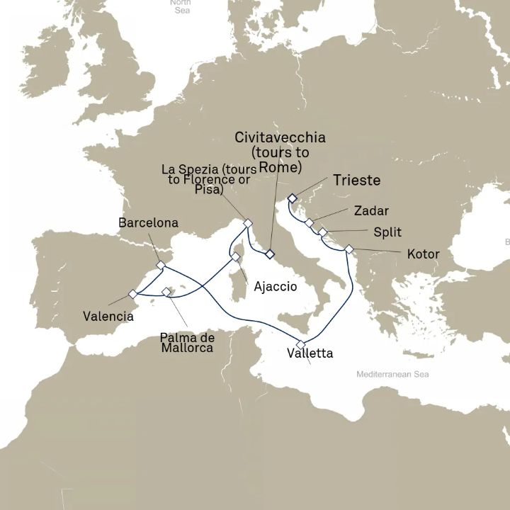 Queen Elizabeth Voyage Q711B itinerary map from Barcelona, Spain to Trieste, Italy