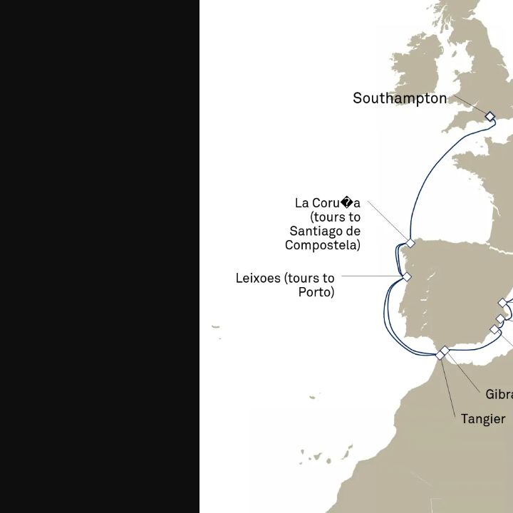 Queen Elizabeth Voyage Q710N itinerary map from Southampton, England, UK to Barcelona, Spain