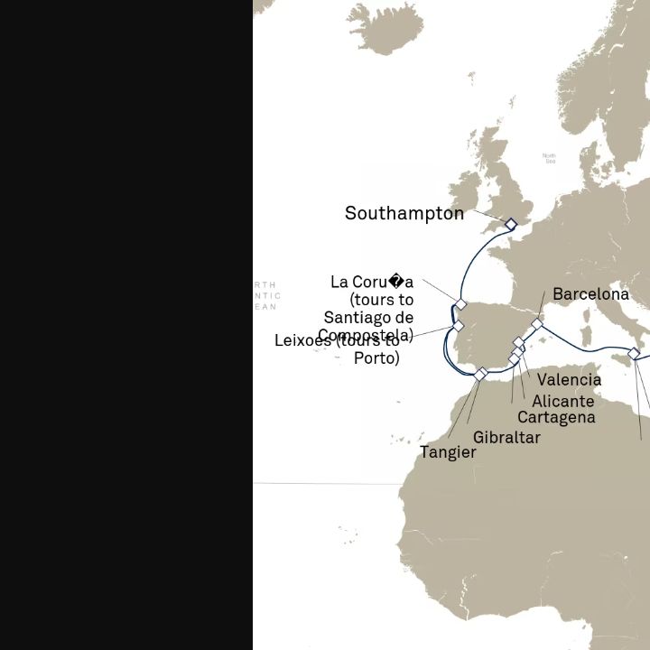 Queen Elizabeth Voyage Q710A itinerary map from Southampton, England, UK to Istanbul, Turkey