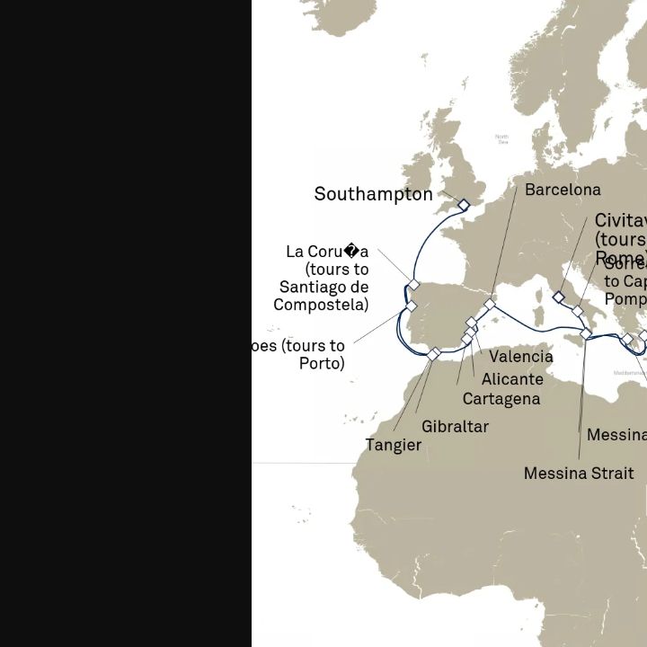 Queen Elizabeth Voyage Q710B itinerary map from Southampton, England, UK to Civitavecchia (tours to Rome), Italy
