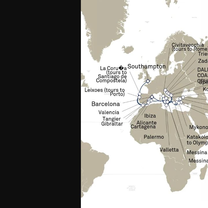 Queen Elizabeth Voyage Q710D itinerary map from Southampton, England, UK to Barcelona, Spain