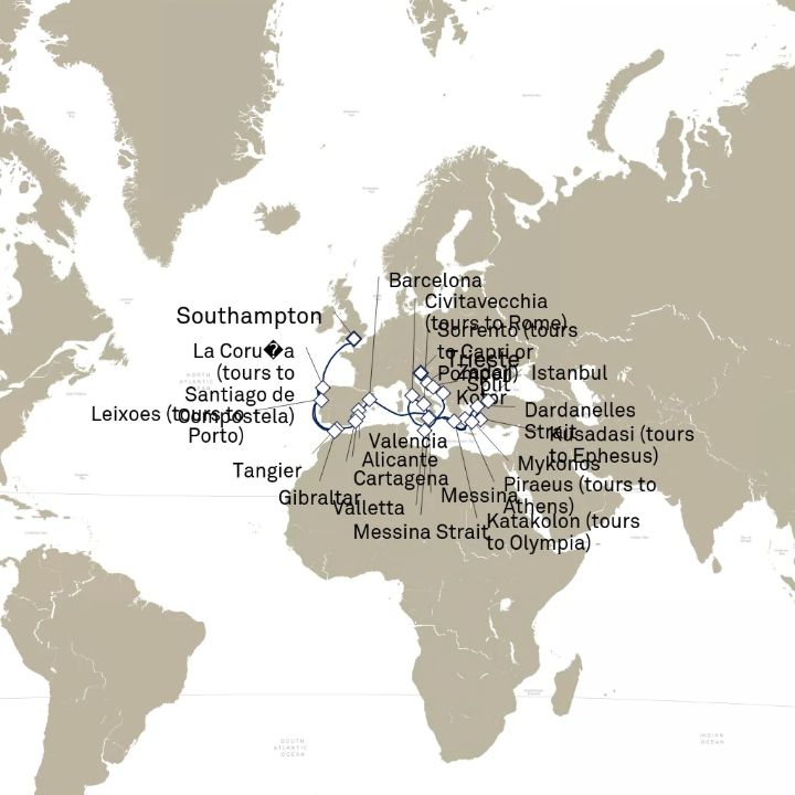 Queen Elizabeth Voyage Q710C itinerary map from Southampton, England, UK to Trieste, Italy