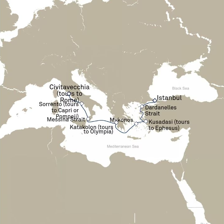 Queen Elizabeth Voyage Q711D itinerary map from Istanbul, Turkey to Civitavecchia (tours to Rome), Italy