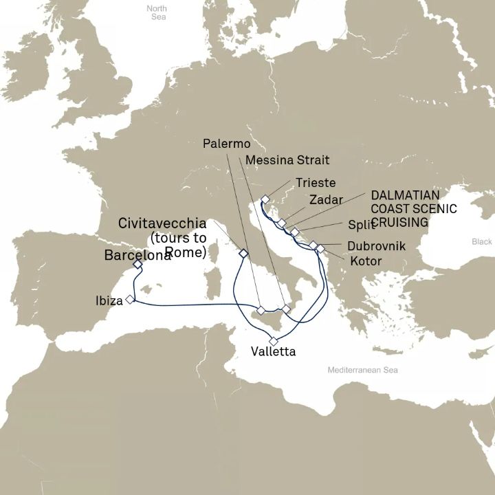 Queen Elizabeth Voyage Q712 itinerary map from Civitavecchia (tours to Rome), Italy to Barcelona, Spain
