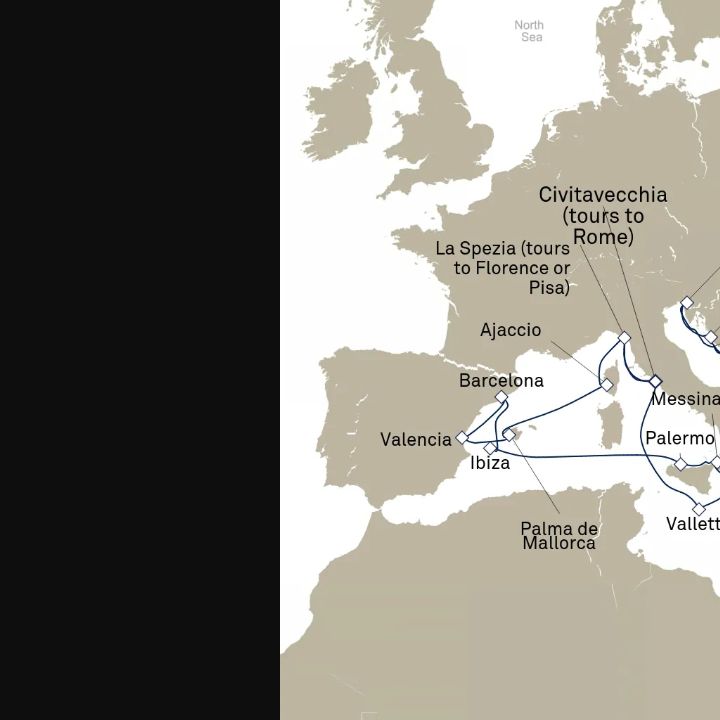 Queen Elizabeth Voyage Q712B itinerary map from Civitavecchia (tours to Rome), Italy to Civitavecchia (tours to Rome), Italy
