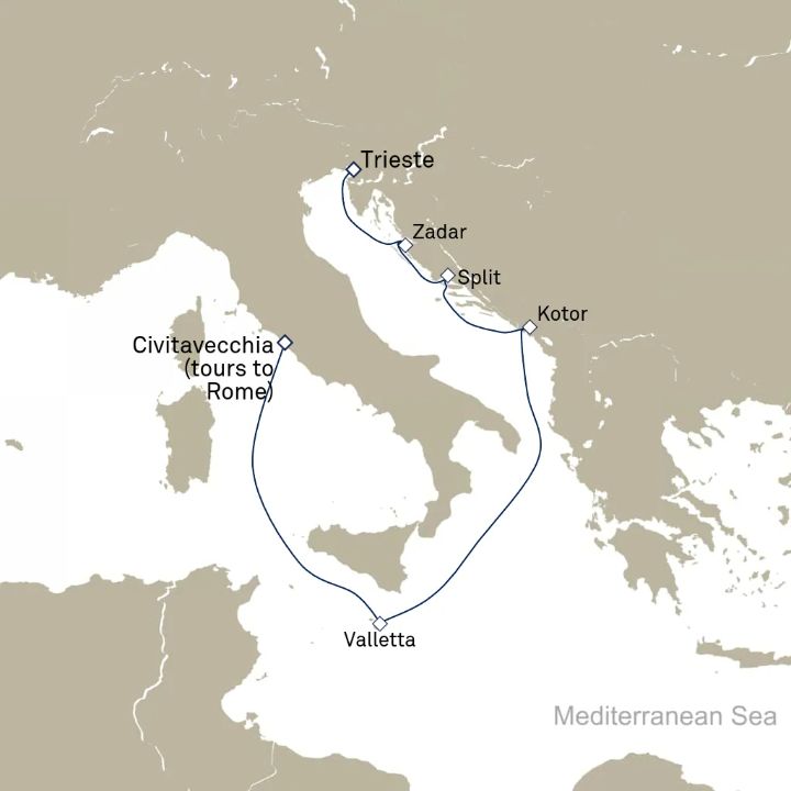 Queen Elizabeth Voyage Q712A itinerary map from Civitavecchia (tours to Rome), Italy to Trieste, Italy
