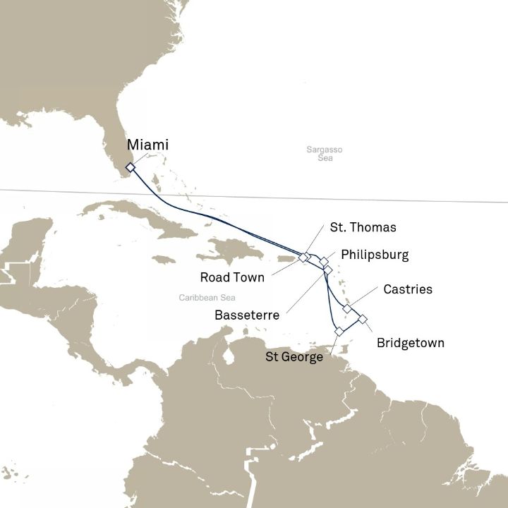 Queen Elizabeth Voyage Q725 itinerary map from Miami, FL, USA to Miami, FL, USA