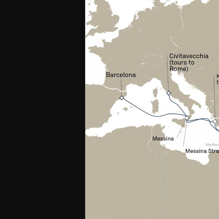 Queen Elizabeth Voyage Q721 itinerary map from Barcelona, Spain to Civitavecchia (tours to Rome), Italy