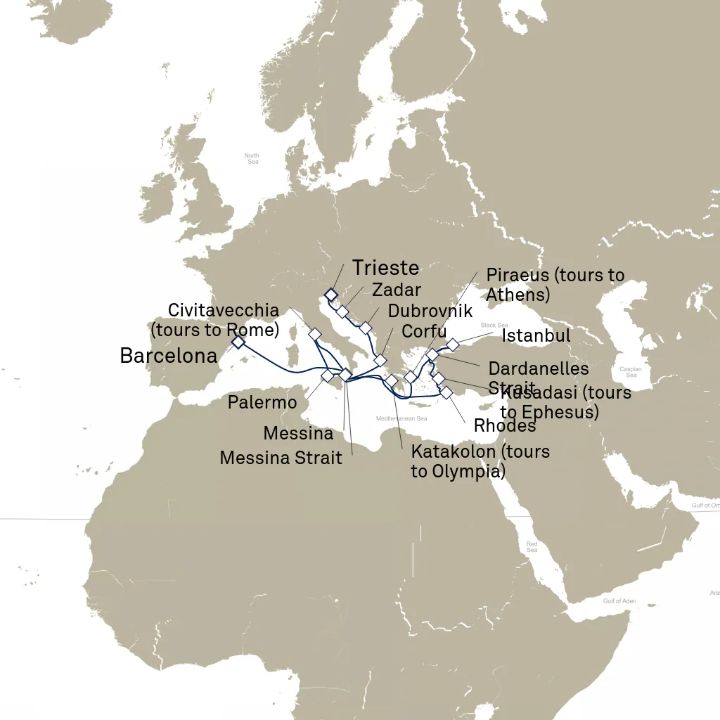 Queen Elizabeth Voyage Q721C itinerary map from Barcelona, Spain to Trieste, Italy
