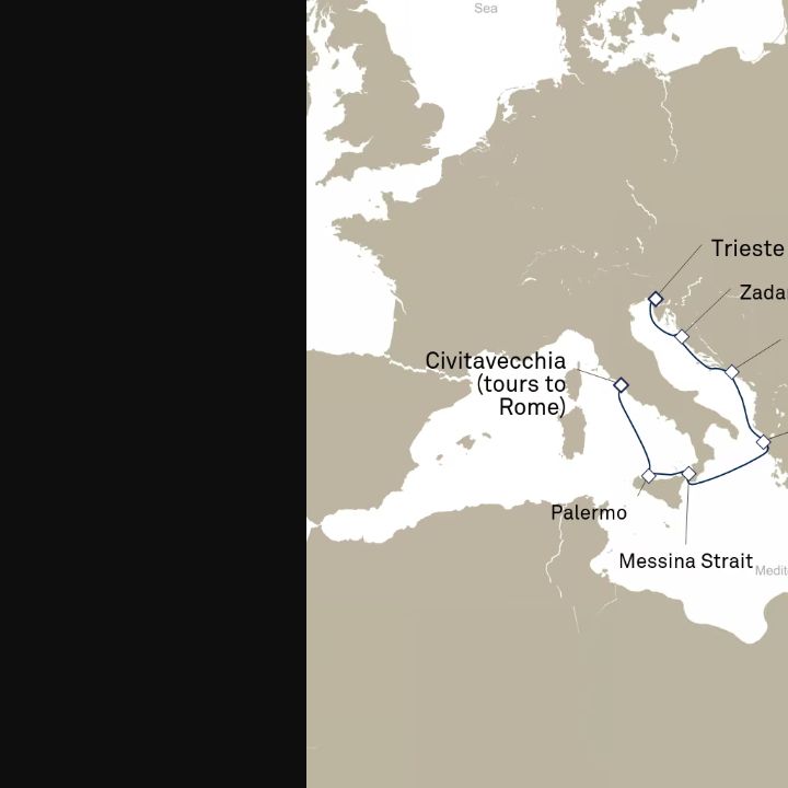 Queen Elizabeth Voyage Q722A itinerary map from Civitavecchia (tours to Rome), Italy to Trieste, Italy