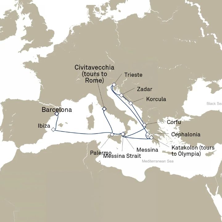 Queen Elizabeth Voyage Q722 itinerary map from Civitavecchia (tours to Rome), Italy to Barcelona, Spain