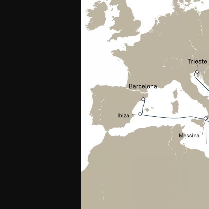 Queen Elizabeth Voyage Q722B itinerary map from Trieste, Italy to Barcelona, Spain