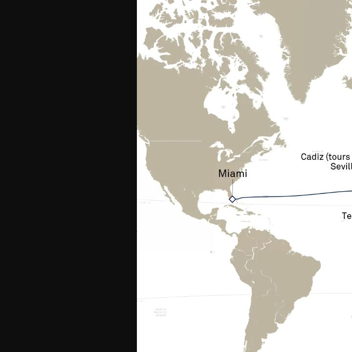 Queen Elizabeth Voyage Q723 itinerary map from Barcelona, Spain to Miami, FL, USA
