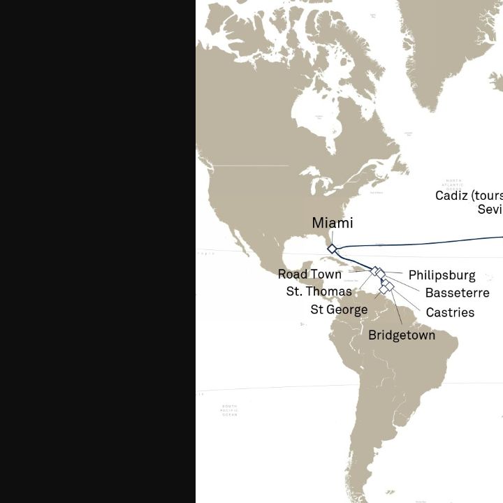 Queen Elizabeth Voyage Q723B itinerary map from Barcelona, Spain to Miami, FL, USA