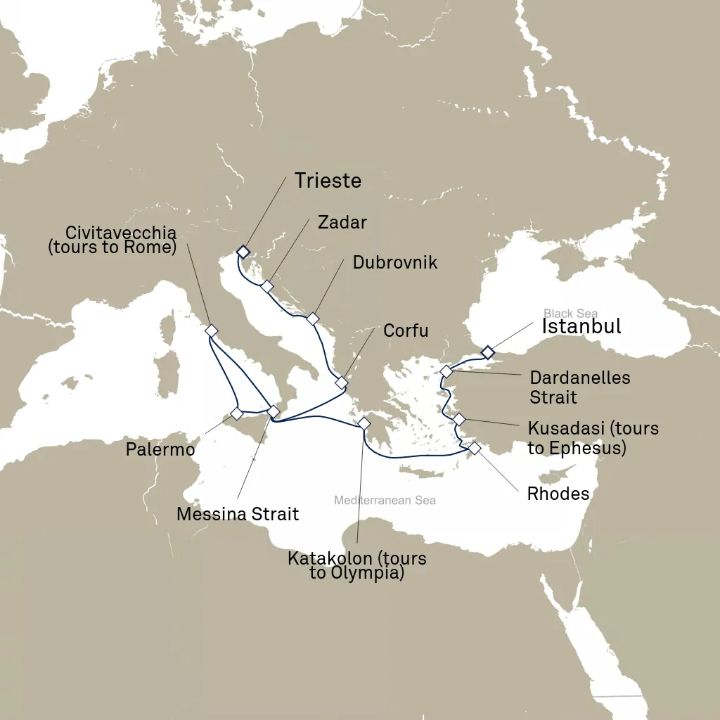 Queen Elizabeth Voyage Q721D itinerary map from Istanbul, Turkey to Trieste, Italy