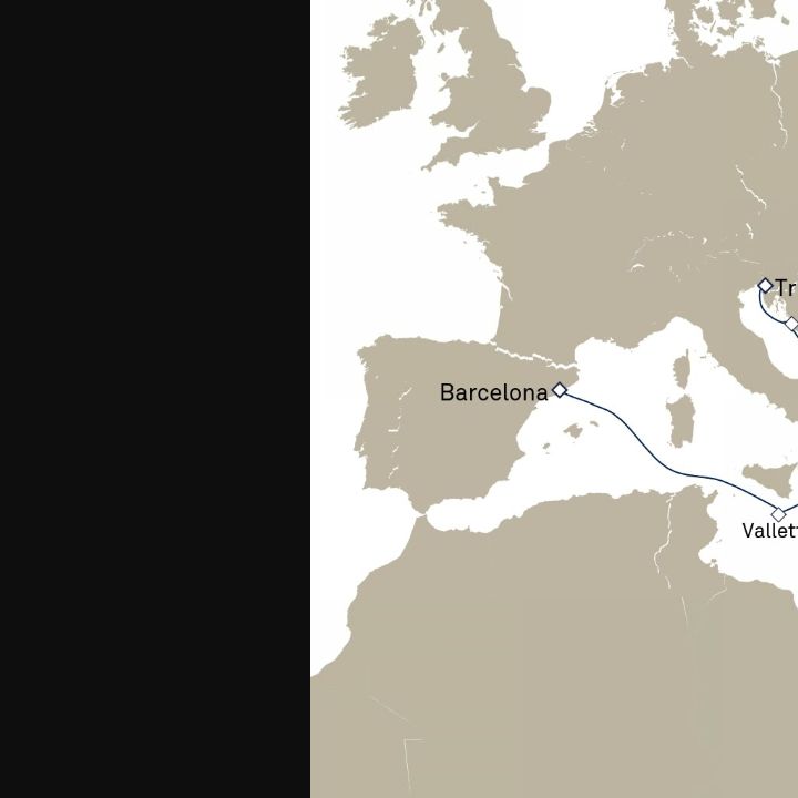 Queen Elizabeth Voyage Q719C itinerary map from Barcelona, Spain to Trieste, Italy