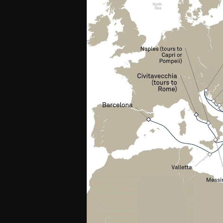 Queen Elizabeth Voyage Q719D itinerary map from Barcelona, Spain to Civitavecchia (tours to Rome), Italy