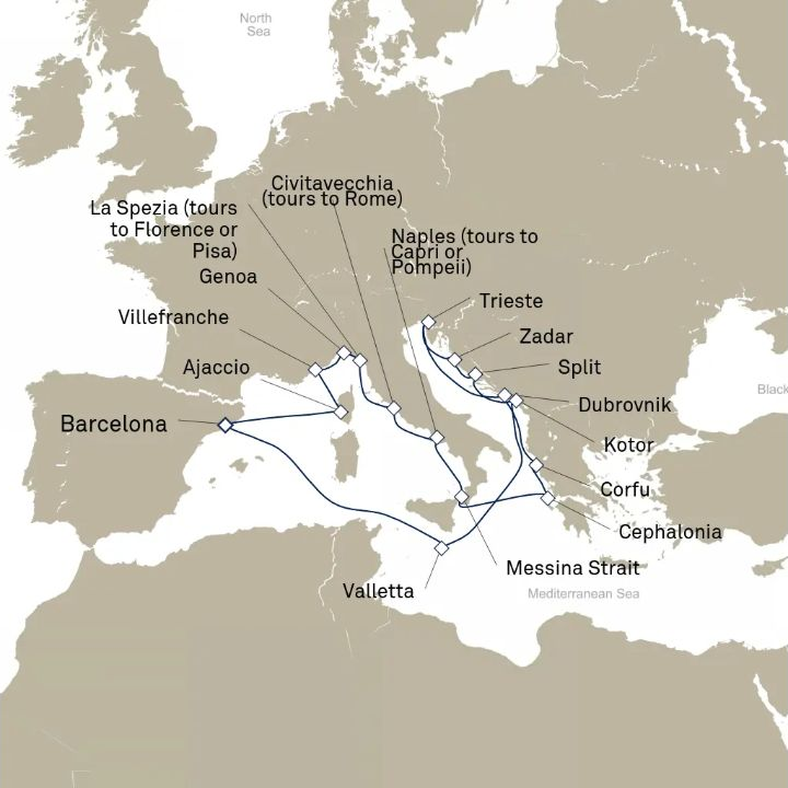 Queen Elizabeth Voyage Q719E itinerary map from Barcelona, Spain to Barcelona, Spain