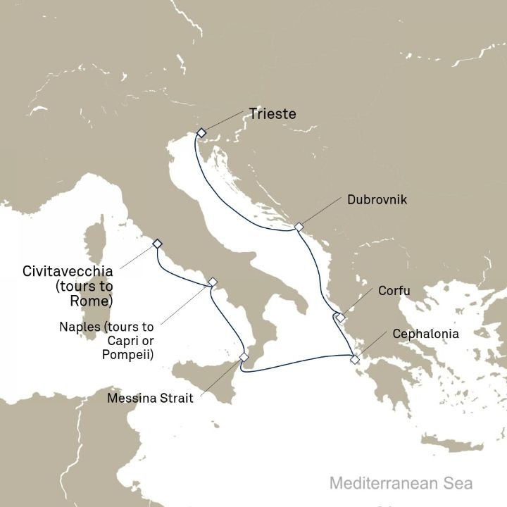 Queen Elizabeth Voyage Q720A itinerary map from Trieste, Italy to Civitavecchia (tours to Rome), Italy