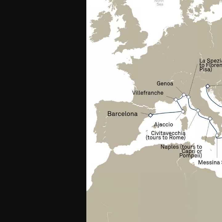 Queen Elizabeth Voyage Q720 itinerary map from Trieste, Italy to Barcelona, Spain