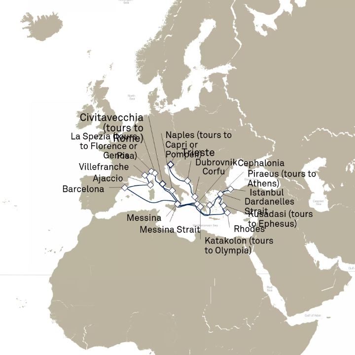 Queen Elizabeth Voyage Q720C itinerary map from Trieste, Italy to Civitavecchia (tours to Rome), Italy