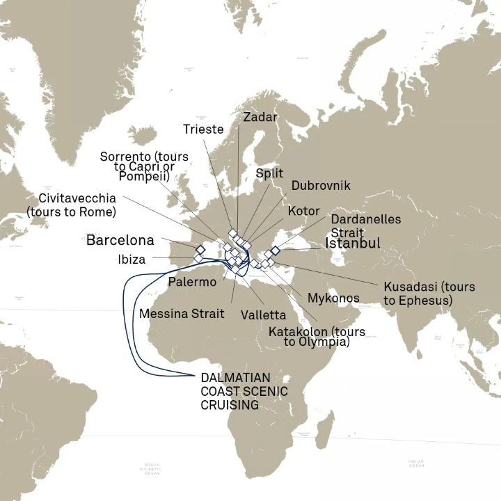Queen Elizabeth Voyage Q720B itinerary map from Trieste, Italy to Istanbul, Turkey