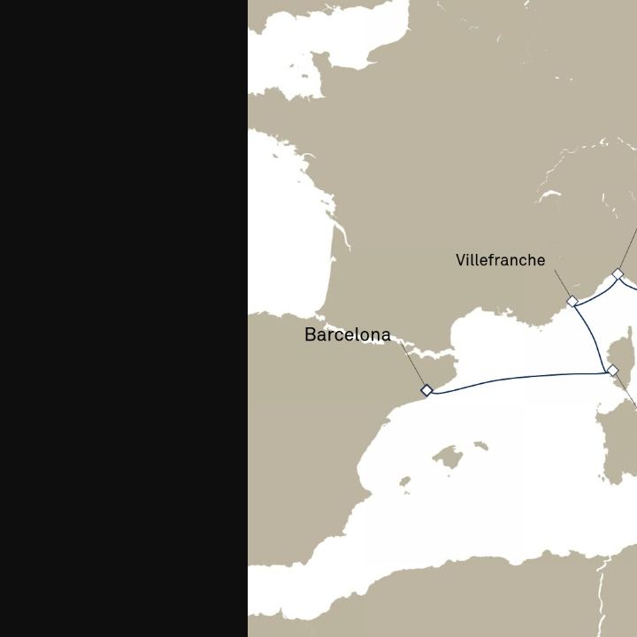 Queen Elizabeth Voyage Q720D itinerary map from Civitavecchia (tours to Rome), Italy to Barcelona, Spain